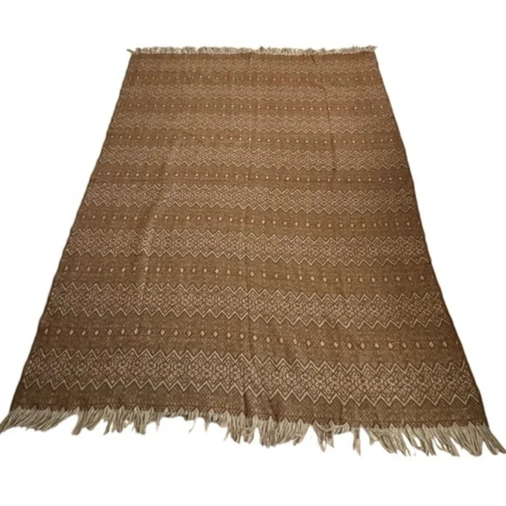 Amana Woolen Mills Vintage Brown‎ Tan Geometric Print Wool Fringe Throw Blanket